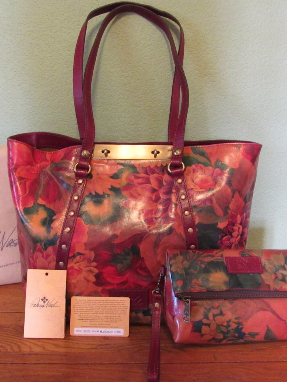 Patricia Nash Large Leather Benvenuto Tote Multi Color Floral Valerie Clutch Set